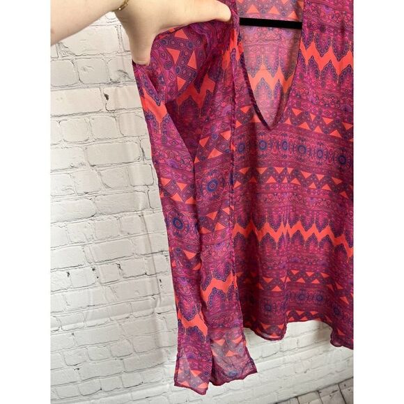 SHOW ME YOUR MUMU orange pink red semi-sheer oversized V-neck blouse top M - Picture 5 of 6